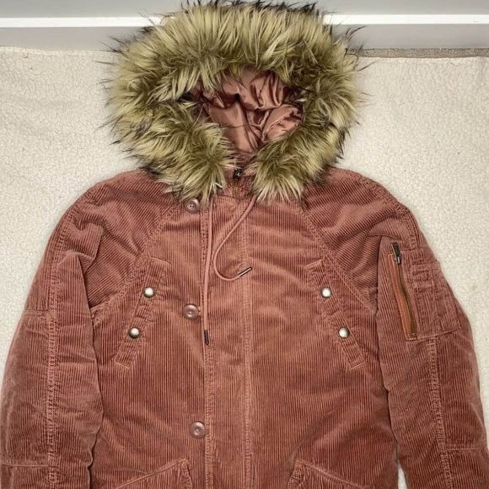 American Eagle Blush Pink Corduroy Faux Fur Hood Parka Jacket: Size XXS - Picture 3 of 13